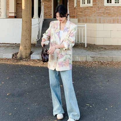 復古碎花印花西裝外套｜個性俐落翻領長袖短版夾克【JZ系列】