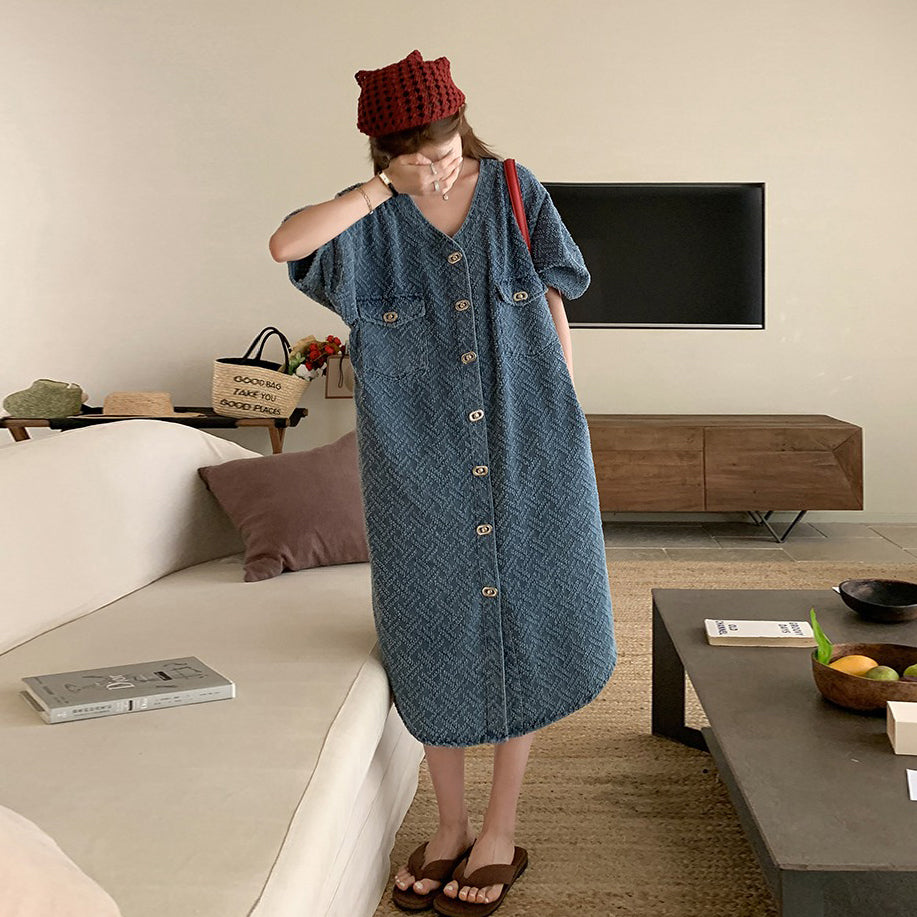 【ワンピース】夏 リラックス感 Vネック デニム半袖ワンピース 薄手 レディース ゆったりカジュアルロング丈【JZシリーズ】
