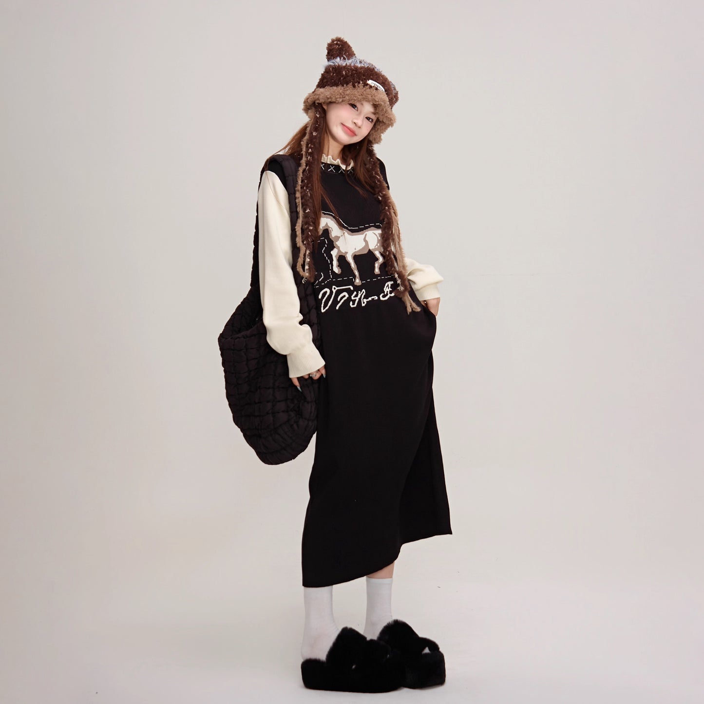 【ワンピース】✨配色デザイン♡ツーピース風ニット長袖ワンピース 冬 レディース 上品＆高見え【JZシリーズ】