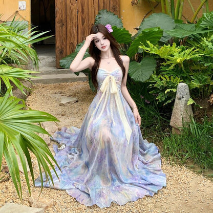 M~3XL【ワンピース】紫花柄キャミワンピース レディース 夏 アシンメトリー ノースリーブ ロング丈 リゾート【SHシリーズ】
