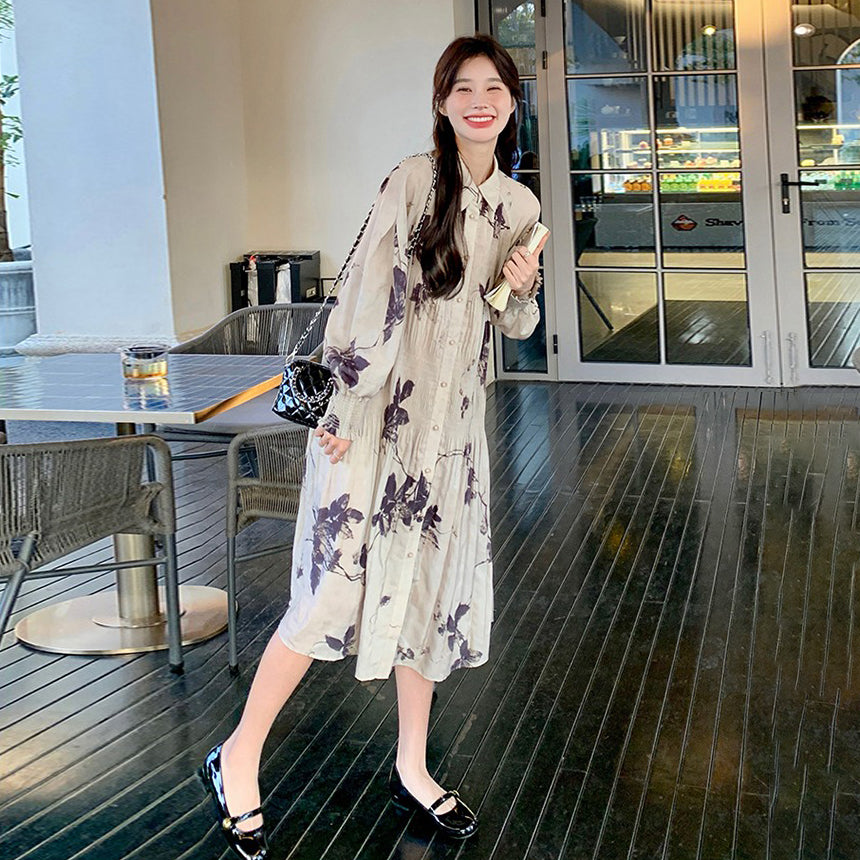 【ワンピース】新中華風 水墨花柄 長袖ワンピース レディース ハイウエスト Aライン トレンド【SHシリーズ】