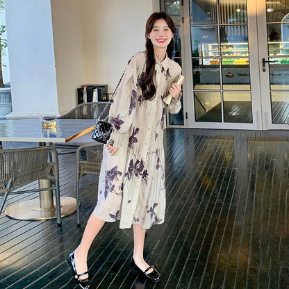 【ワンピース】新中華風 水墨花柄 長袖ワンピース レディース ハイウエスト Aライン トレンド【SHシリーズ】