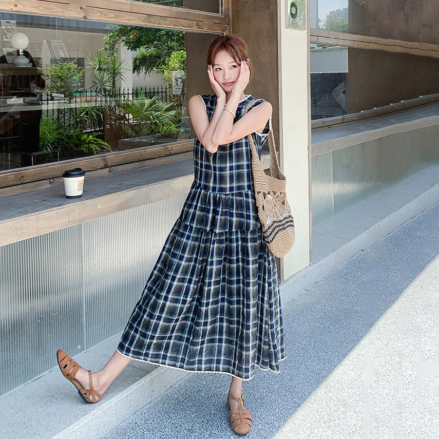 【ワンピース】フレンチリラックス感 カジュアルで細見え 気質 レトロチェック ノースリーブワンピース【SHシリーズ】
