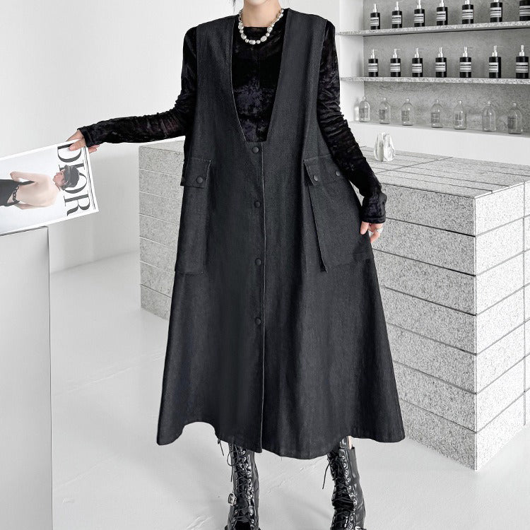 【ワンピース】暗黒系 大きめポケット デニムキャミワンピース レディース ゆったり体型カバー ロング丈 ノースリーブワンピース【AHシリーズ】