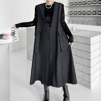 【ワンピース】暗黒系 大きめポケット デニムキャミワンピース レディース ゆったり体型カバー ロング丈 ノースリーブワンピース【AHシリーズ】