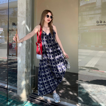 【ワンピース】気質 細見え ゆったり シルエットレトロ チェック柄 ノースリーブワンピース【SHシリーズ】