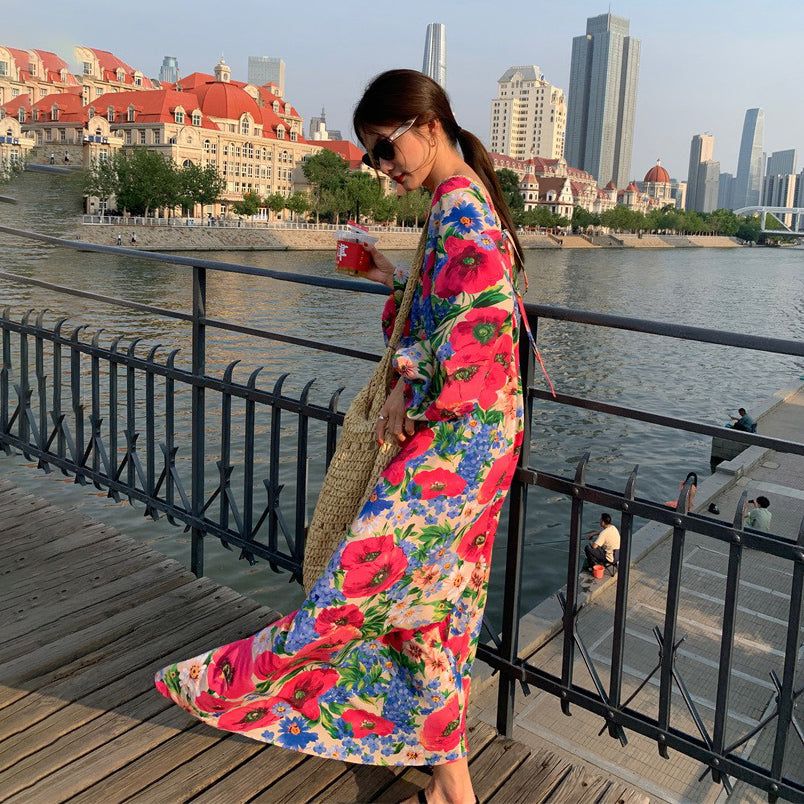 【ワンピース】超可愛い 春夏 ゆったり ロング丈  Vネック 背中あき 花柄 長袖ワンピース【SHシリーズ】