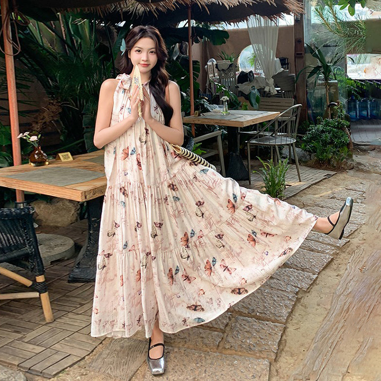 【ワンピース】夏 フレンチ温柔風 蝶柄 ノースリーブワンピース【SHシリーズ】