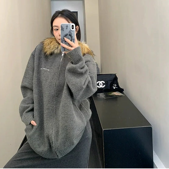 【アウター】春 秋 冬 ファーフード ヘビーウェイト 厚手 ニット ジャケット 【FCシリーズ】