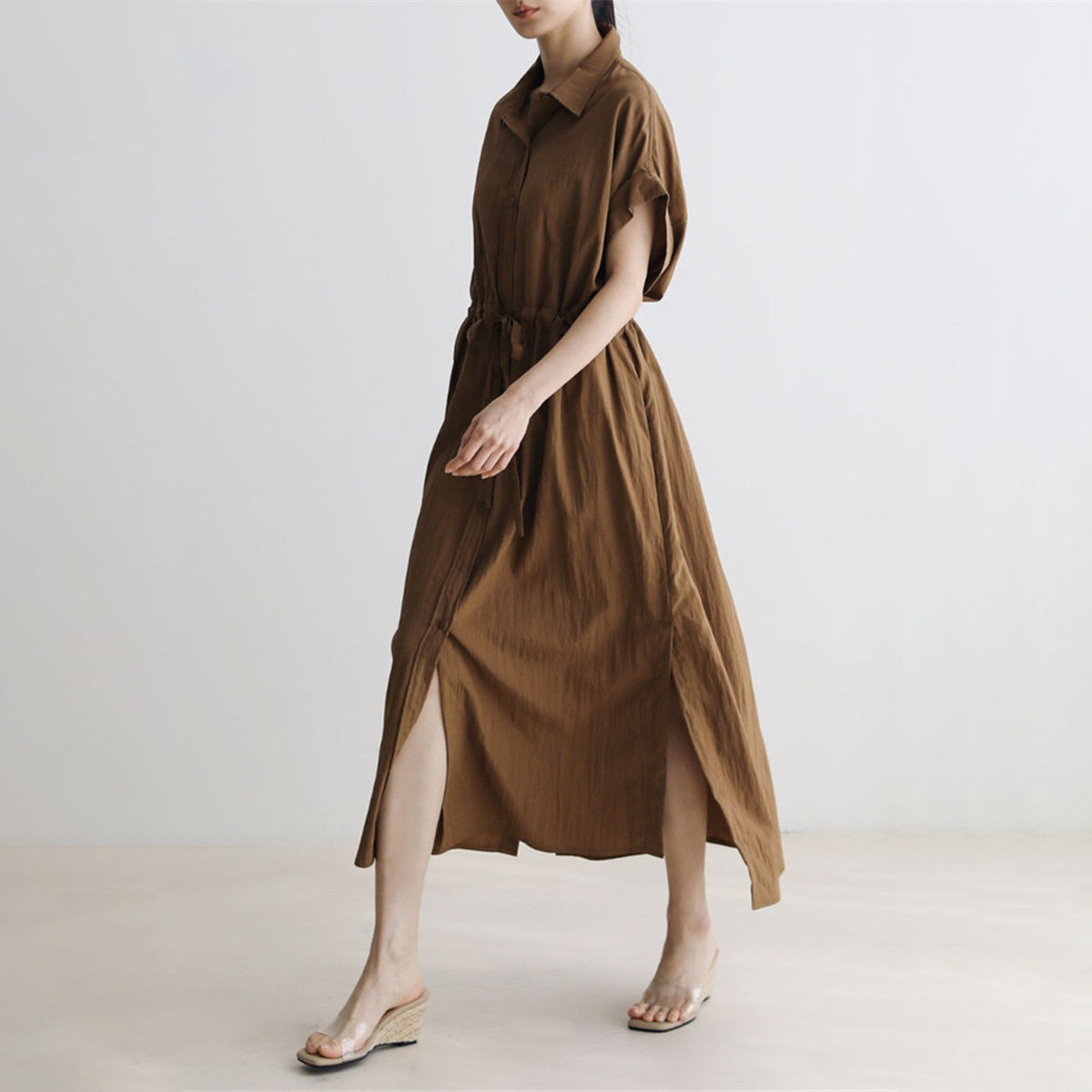 [洋裝] 春秋寬鬆開叉高腰休閒短袖洋裝