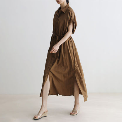 [洋裝] 春秋寬鬆開叉高腰休閒短袖洋裝