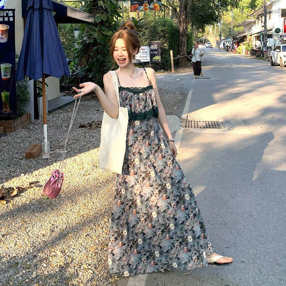 M~4XL【セットアップ】【単品注文】レースシフォンワンピース レディース 夏 キャミソール ノースリーブ ロング丈 ウエストシェイプ エレガントスタイル【SHシリーズ】