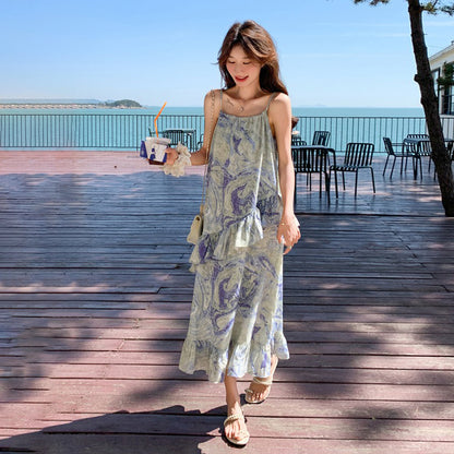 【ワンピース】フレンチロマンティック 油絵風 ノースリーブキャミワンピース 夏 ビーチリゾートドレス【SHシリーズ】