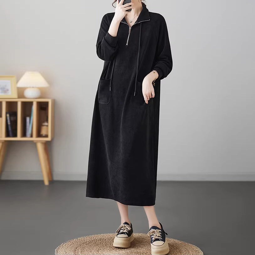 【60%OFF⭐️早い者勝ち】【ワンピース】ジップ＆ドローストリング 切替 ロングワンピース 長袖 ゆったり 大きいサイズ ポケット付き レディース【JZシリーズ】