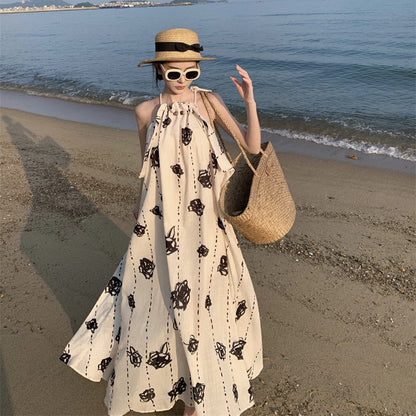 【ワンピース】リゾート風 ローズプリント ノースリーブワンピース レディース 夏 ホルターネック バックオープン 細見え フレアシルエット【SHシリーズ】