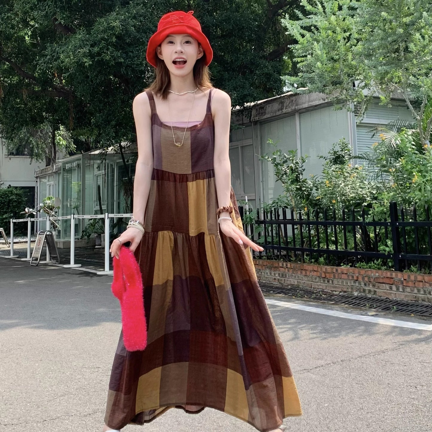 【ワンピース】夏新作 レトロ チェック柄 ゆったり カジュアル ノースリーブキャミワンピース【SHシリーズ】