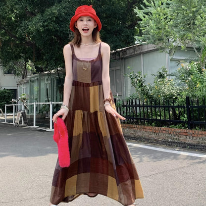 【ワンピース】夏新作 レトロ チェック柄 ゆったり カジュアル ノースリーブキャミワンピース【SHシリーズ】