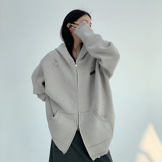 【トップス】🖤 ゆる感厚手ダメージニット・セーター レディース 冬新作 カジュアルフード付き【FCシリーズ】