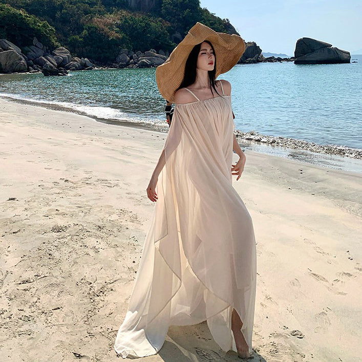 【セットアップ】海辺リゾート風 インナーキャミワンピ×シアーワンピース レイヤードセット ゆったりシルエット ロング丈 バカンスビーチドレス【SHシリーズ】