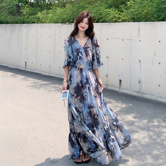 【ワンピース】リゾート風 ロマンティック 蝶々プリント Vネック 半袖ワンピース 高見え バルーンスリーブ サマードレス【SHシリーズ】