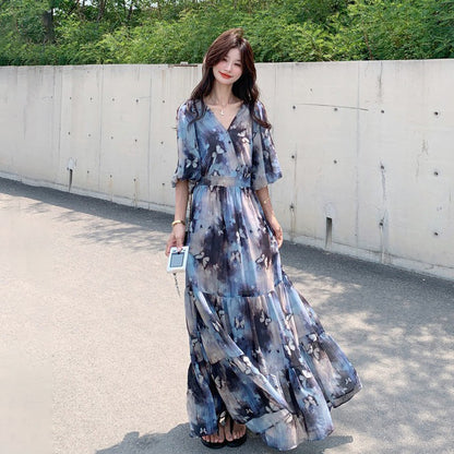 【ワンピース】リゾート風 ロマンティック 蝶々プリント Vネック 半袖ワンピース 高見え バルーンスリーブ サマードレス【SHシリーズ】