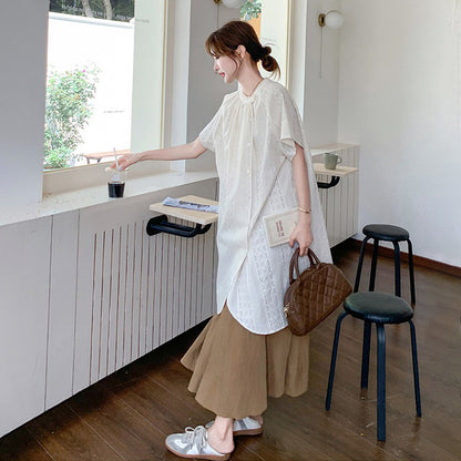2点セット！【セットアップ】スタンドカラー シャツ フレアスカート 上下セット 上品 きれいめ 体型カバー ゆったり ミモレ丈【JZシリーズ】