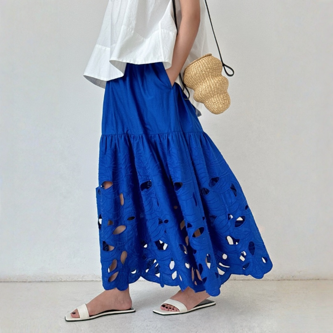 【ボトムス】クラインブルー レーザーカット透かしデザイン 両サイド刺繍 ウエストゴム仕様 スカート 【JZシリーズ】