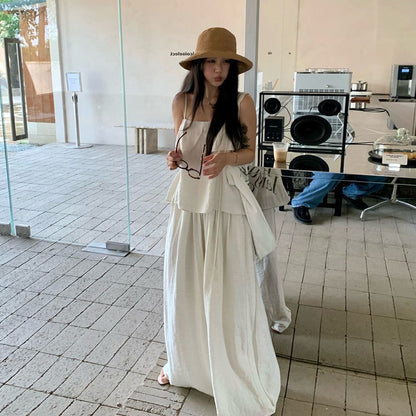 2点セット！【セットアップ】ホワイト フリルキャミソール ワイドパンツ 上下セット ナチュラル モード【JZシリーズ】