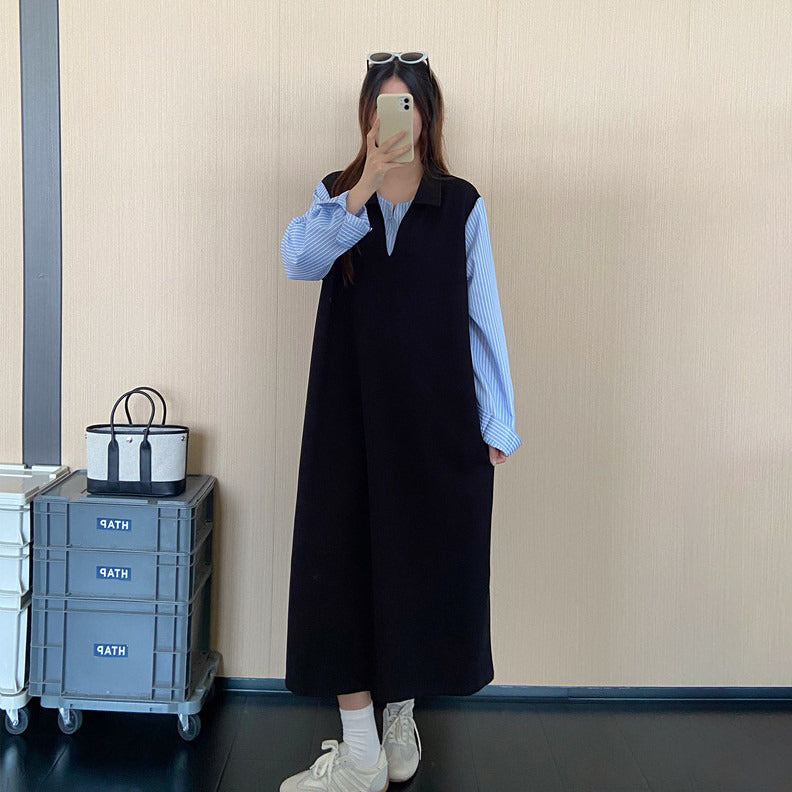 【ワンピース】韓国風Vネック配色切替レイヤード風ワンピース レディース 秋冬新作 ノースリーブ ロング丈 ゆったり きれいめ 通勤【JZシリーズ】
