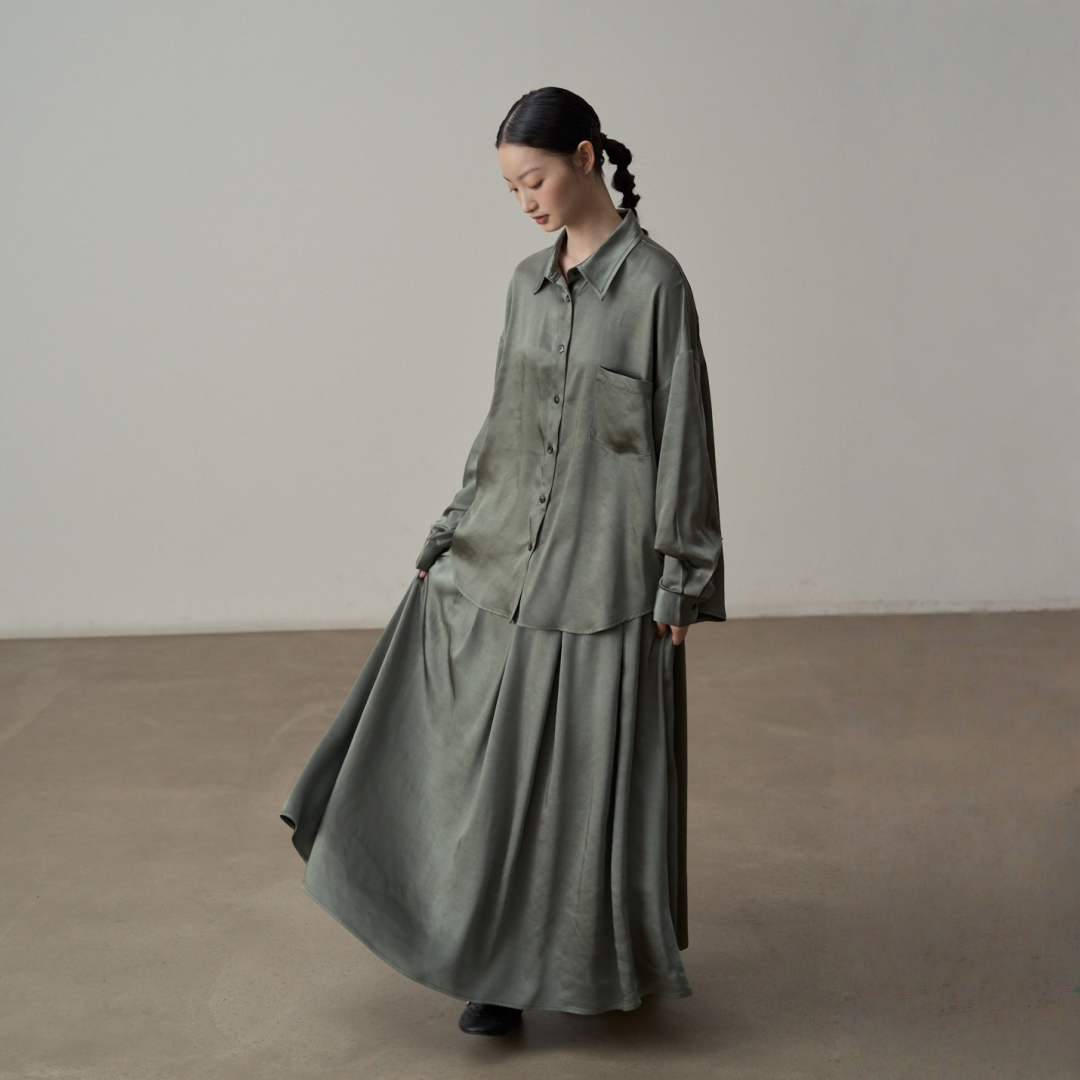 【セットアップ】【単品注文】サテン ゆったり シャツ + フレアプリーツスカート 2点上下セット 【JZシリーズ】