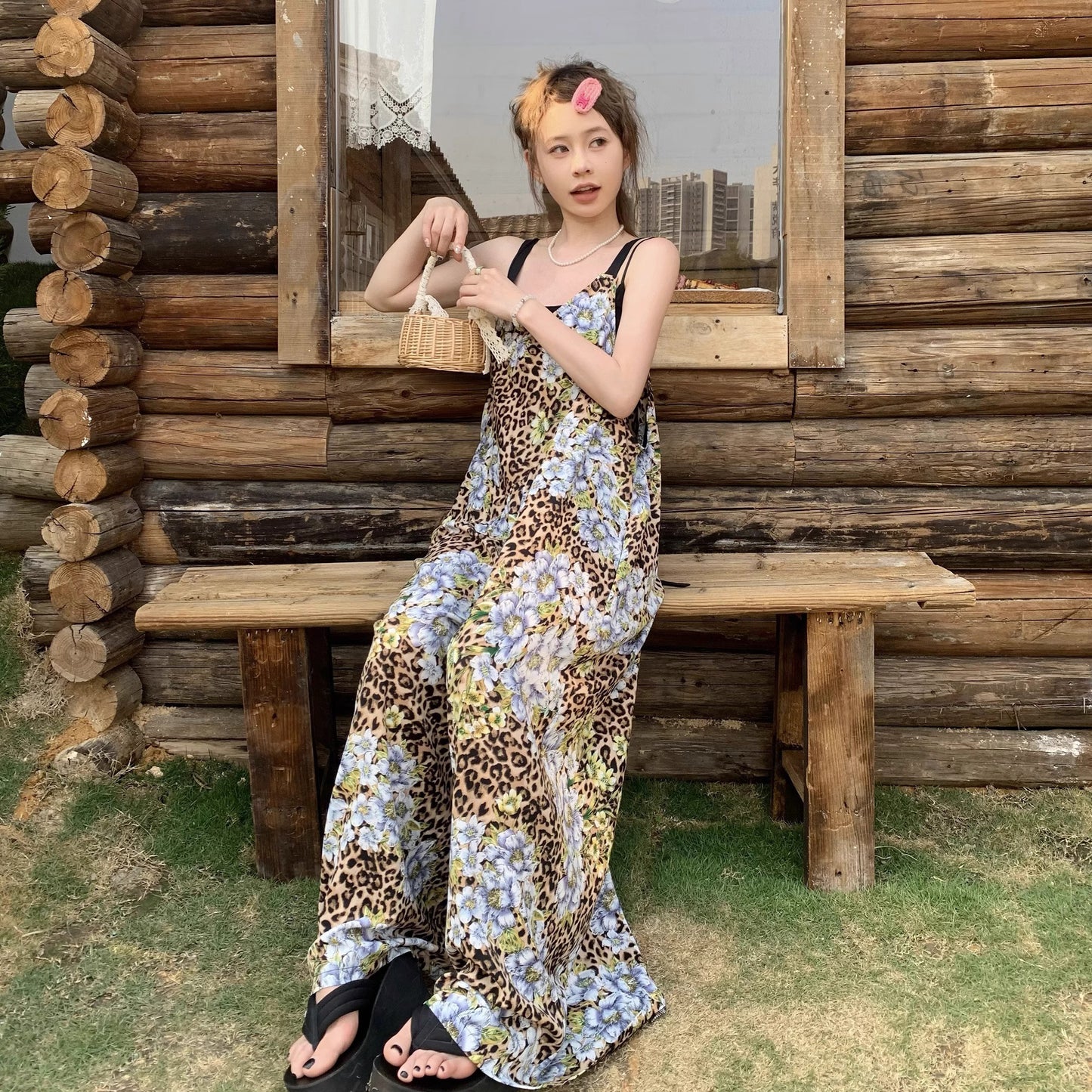 【ボトムス】夏新作 優雅に揺れる 雪青フラワー柄 オーバーサイズサロペット オールインワン【SHシリーズ】