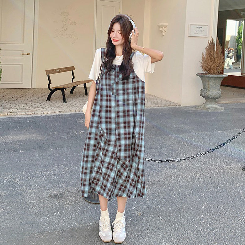 【ワンピース】日系 ナチュラル風 フェイクレイヤード 半袖 ワンピース レディース 夏 体型カバー スリム見え デザイン性【SHシリーズ】