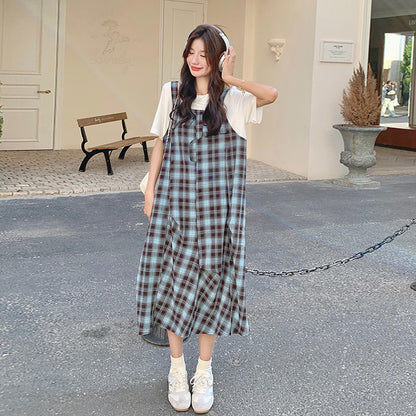 【ワンピース】日系 ナチュラル風 フェイクレイヤード 半袖 ワンピース レディース 夏 体型カバー スリム見え デザイン性【SHシリーズ】