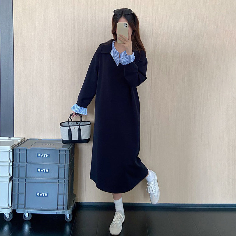 【ワンピース】韓国風フェイクレイヤードワンピース レディース 秋新作 ストライプ シャツカラー ゆったり ロング丈【JZシリーズ】