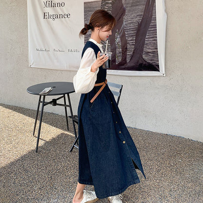 2点セット！【セットアップ】ヴィンテージデニムワンピースセット レディース 春秋 エレガント おしゃれ ブラウス＋キャミワンピース 2点セット【JZシリーズ】
