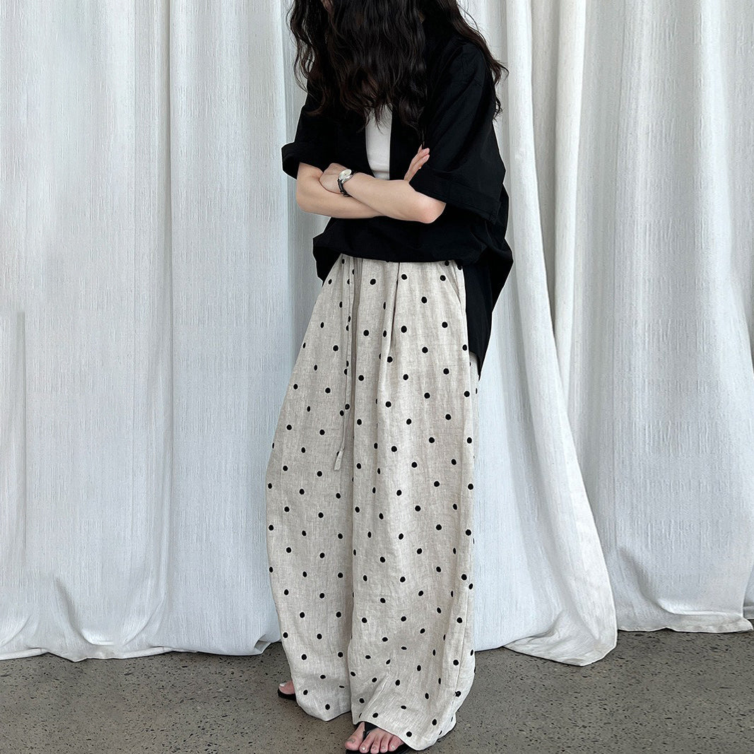 【ボトムス】夏新作 ドット刺繍入り ウエストゴム 薄手カジュアルパンツ 高級感ディテール【JZシリーズ】
