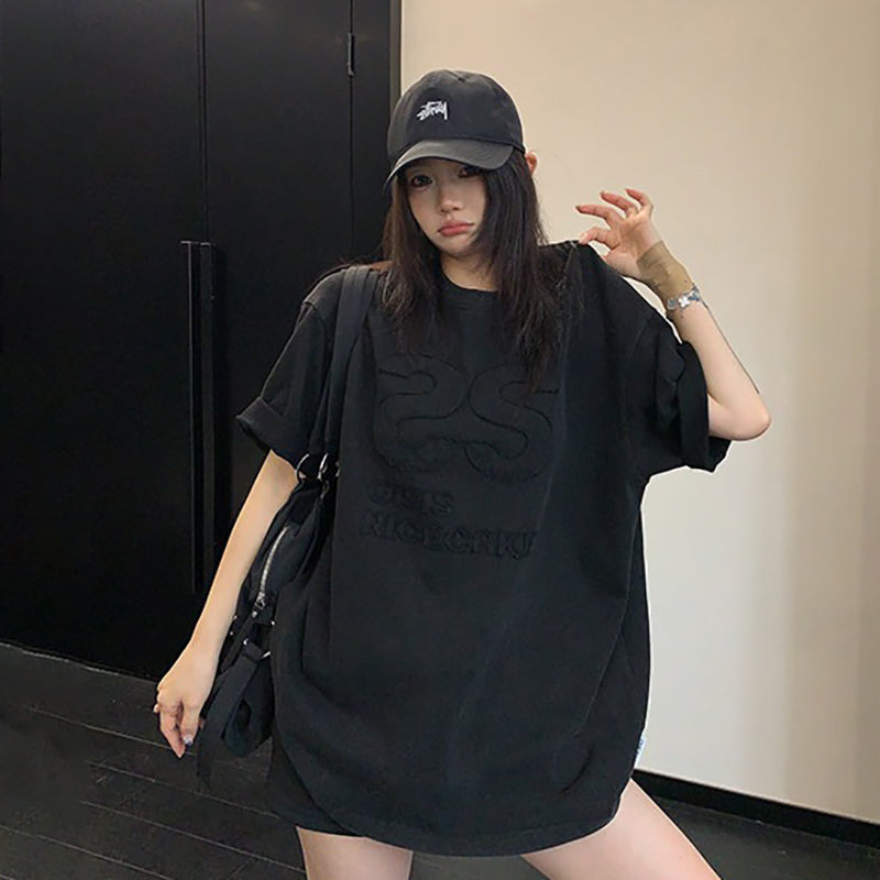 【トップス】ウォッシュ加工 ワッペン刺繍Tシャツ レディース 夏 ルーズ 半袖 ストリート【FCシリーズ】