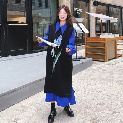 2点セット！【セットアップ】ブルー ジャカードニット＋シャツ長袖ワンピース セットアップ レディース OOTDコーデ 若見え【SHシリーズ】