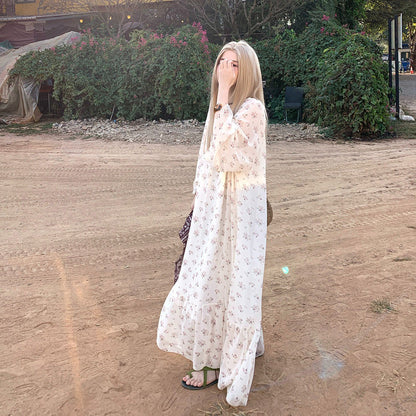 【ワンピース】韓国風 小花柄ロングワンピース レディース 大きいサイズ ゆったり 体型カバー 長袖 ドレープ感 秋ワンピース【SHシリーズ】