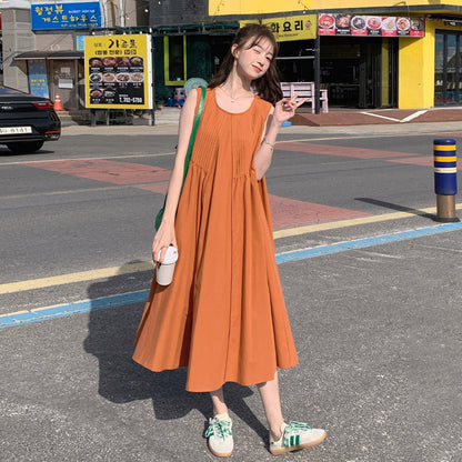 【ワンピース】リゾートワンピース ノースリーブ オレンジカラー ゆったりシルエット 上品 夏 海辺 ビーチコーデ【JZシリーズ】