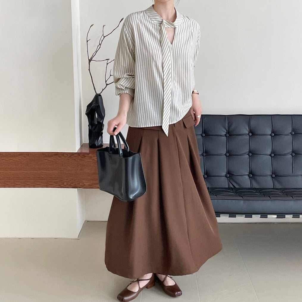 【トップス】韓国系上品デザイン ストライプ柄ボウタイシャツ 長袖シャツ【JZシリーズ】