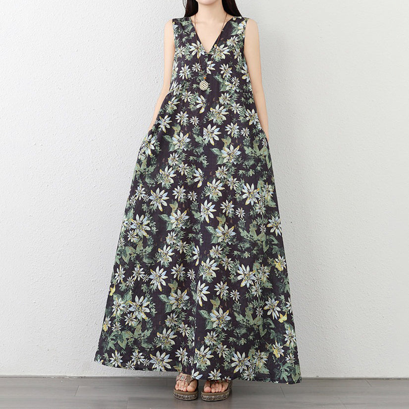 期間限定⭐️60%OFF【ワンピース】インポート風 ノースリーブ ワンピース レディース 夏 リネンコットン 花柄 Vネック ロング丈 ゆったり 体型カバー 薄手【SHシリーズ】