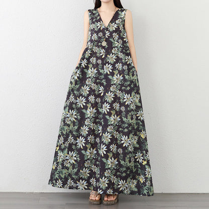 期間限定⭐️60%OFF【ワンピース】インポート風 ノースリーブ ワンピース レディース 夏 リネンコットン 花柄 Vネック ロング丈 ゆったり 体型カバー 薄手【SHシリーズ】