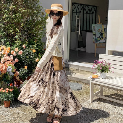 【ボトムス】ハイウエスト レトロ水墨柄 フレアロングスカート Aライン シフォンスカート【SHシリーズ】