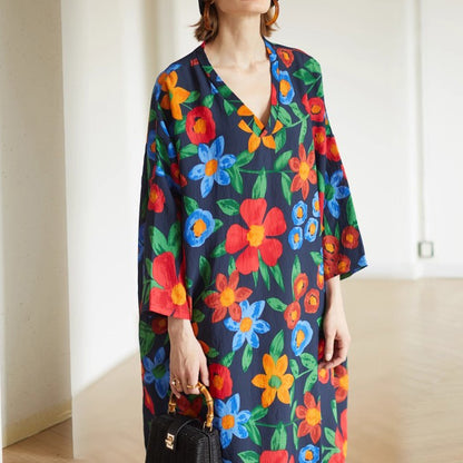 【ワンピース】ヴィンテージ風 ゆったり ロング丈 半袖 ワンピース ナチュラル おしゃれ トラベル対応 大きめサイズ【SHシリーズ】