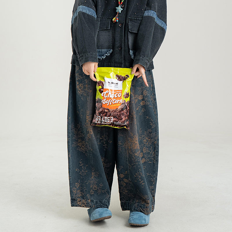 【セットアップ】【単品注文】レトロ配色デニムジャケット×プリントワイドパンツ 上下セット レディース 秋冬新作 大人上品 カジュアルコーデ【JZシリーズ】