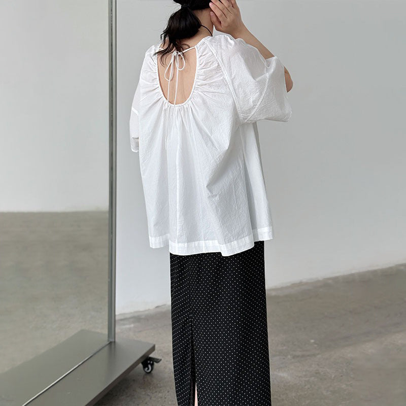 【トップス】韓国風 夏新作 ギャザー×バックオープン デザイン感ラウンドネック半袖ブラウス【SNシリーズ】