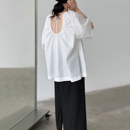 【トップス】韓国風 夏新作 ギャザー×バックオープン デザイン感ラウンドネック半袖ブラウス【SNシリーズ】