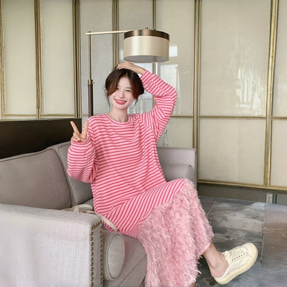 【ワンピース】カジュアル 若見え ストライプ マーメイドシルエット 着痩せ 長袖ワンピース【JZシリーズ】