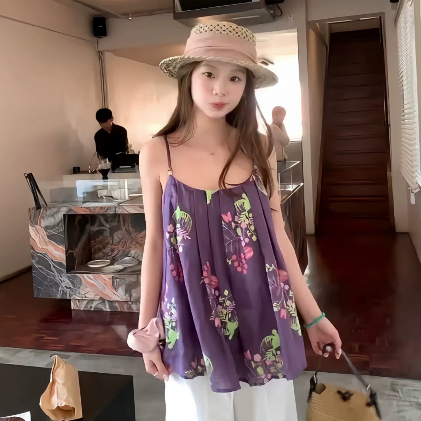 【トップス】リゾート風 刺繍 テクスチャー プリーツ キャミソール レディース 夏 若見え こなれ感 体型カバー きれいめ【SHシリーズ】